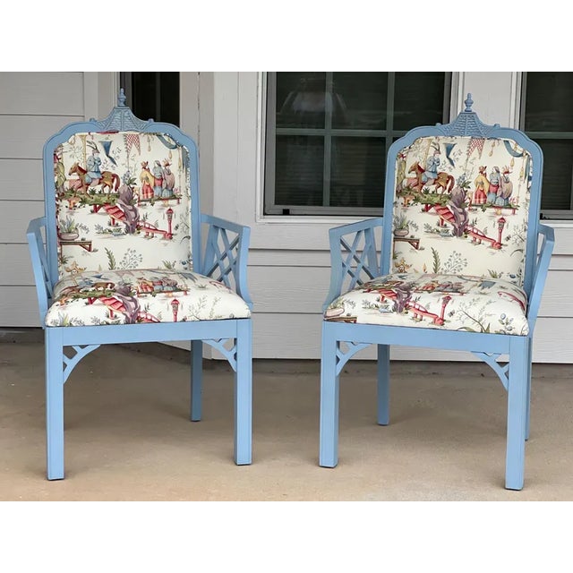 Blue 1980s Pair Newly Upholstered Blue Chinese Chippendale Chairs in Schumacher Tientsin Toile For Sale - Image 8 of 17