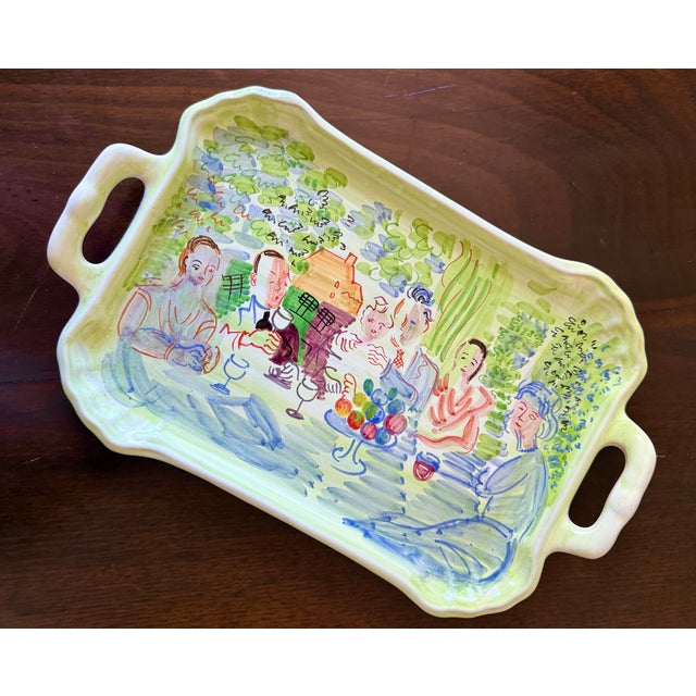 Charming scene of a French countryside luncheon on serving platter, based on a watercolor painting by Fauvist French...