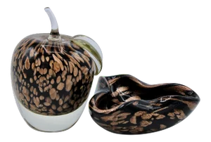 Italian Murano Black and Rose Gold Aventurine Glass Apple Paperweight and Glass Dish Set