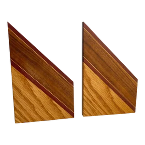 Vintage Wood Bookends Stacked Inlay Brass Geometric Shape a Pair