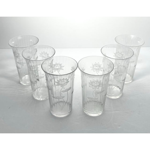 Chinoiserie 1910s Antique Fostoria Lotus 6 Etched Optic Highball Tumbler Glasses For Sale - Image 3 of 6