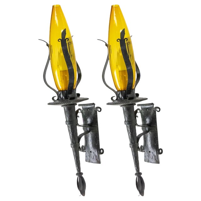 Amber Glass & Wrought Iron Outdoor Sconces, France, 1960, Set of 2 For Sale