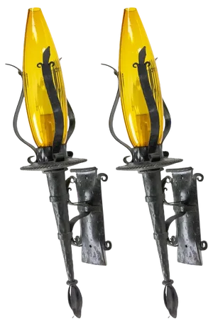 Amber Glass & Wrought Iron Outdoor Sconces, France, 1960, Set of 2