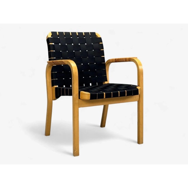 Wood Alvar Aalto, Birch, Rattan, Black Linen Webbing, Armchairs, Finland, 1980s For Sale - Image 7 of 14