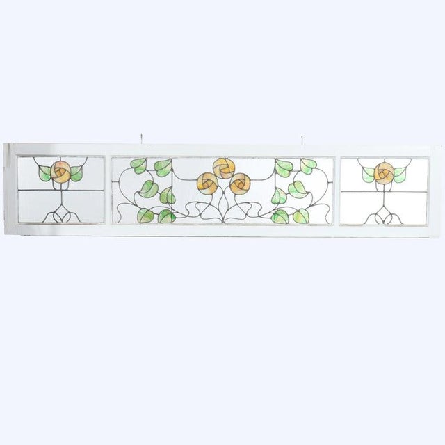 Glass Arts & Crafts Stained Glass Transom Window With Stylized Yellow Roses C1920 For Sale - Image 7 of 14