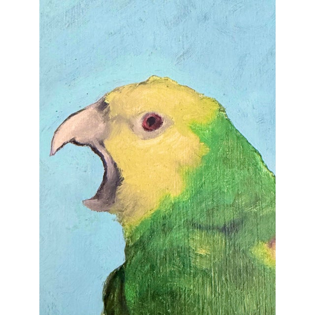 Oil Painting on Board Two Parrots on Branch in Green Lacquered Frame For Sale - Image 4 of 13