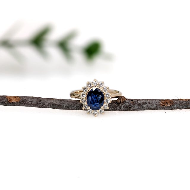 Modern 1.4ct Princess Diana Style Sapphire Diamond Halo Ring: Solid 14k Gold, Oval 8x6m, Size 6.75 For Sale - Image 3 of 5
