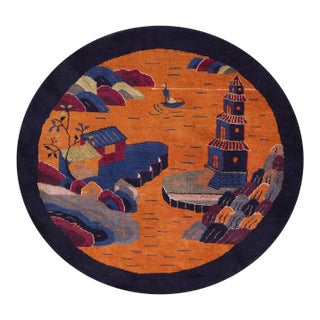 1920s Orange Scene Pictorial Antique Oval Chinese Art Deco Round Rug For Sale