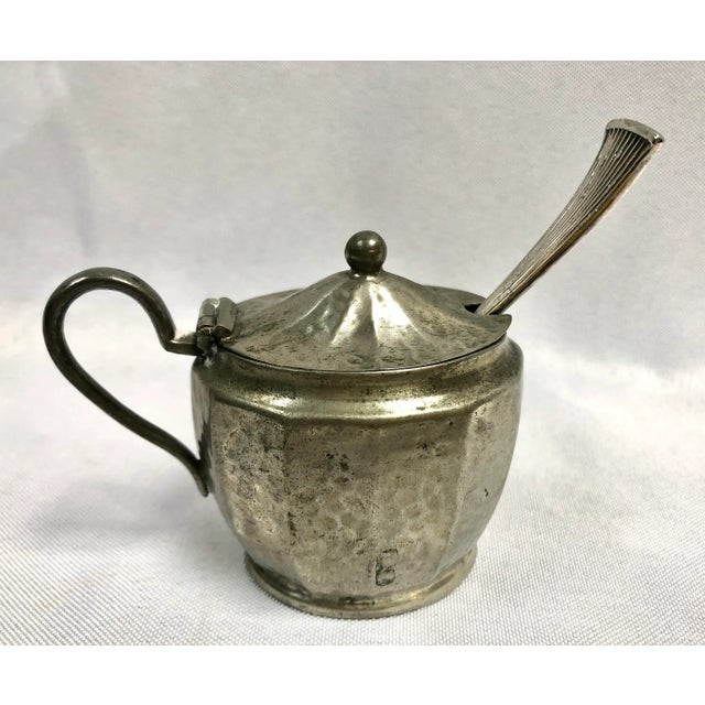 Antique English Pewter Mustard With Cobalt Blue Liner, 2 Pieces For Sale - Image 9 of 13