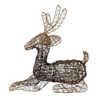 Large Vintage Goldtone Metal Cage Woven Wire Reindeer Holiday Decoration For Sale