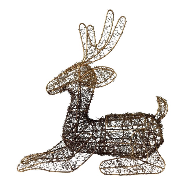 Large Vintage Goldtone Metal Cage Woven Wire Reindeer Holiday Decoration For Sale