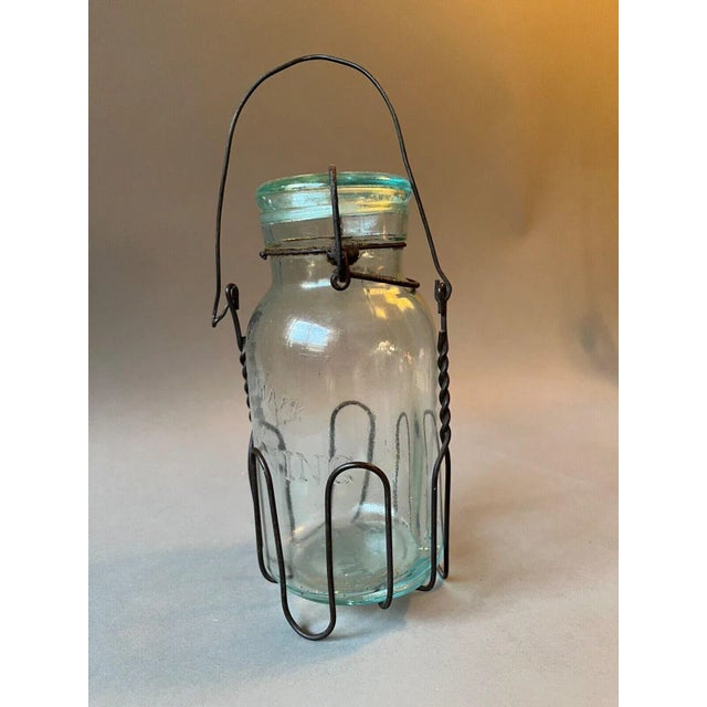 Antique Putnam 284 Lightning Aqua Blue Mason Jar in Wire Cage Carry Basket For Sale - Image 10 of 10