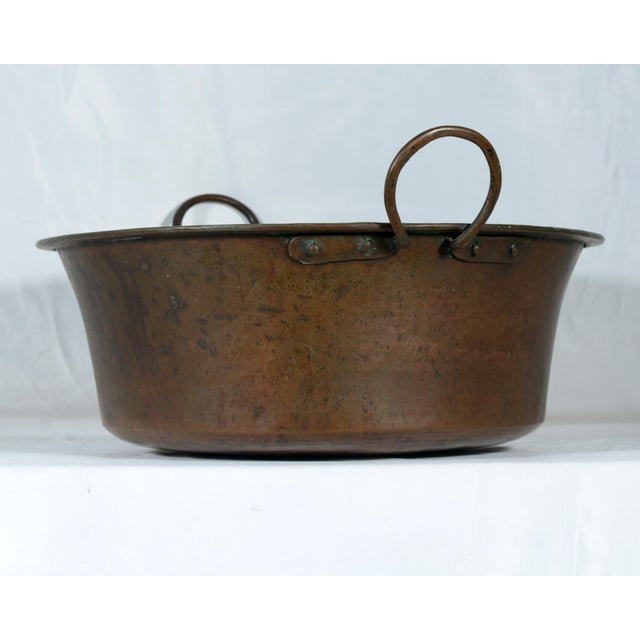 Brown Large Antique Italian Hand-Hammered Copper Basin with Forged Iron Handles, 19th Century For Sale - Image 8 of 8