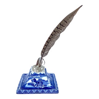 Antique English Blue & White Transferware Pyramidal Inkwell With French Glass Insert & Quill For Sale