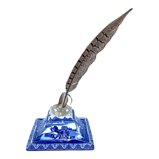 Antique English Blue & White Transferware Pyramidal Inkwell With French Glass Insert & Quill For Sale