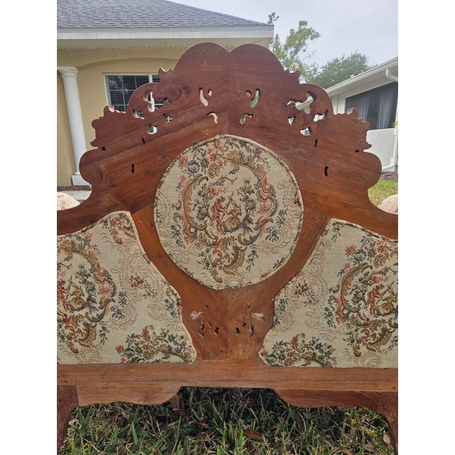 Mid 20th Century Louis XV Rococo Revival Carved Walnut Settee W/ Jacquard Upholstery For Sale - Image 9 of 9