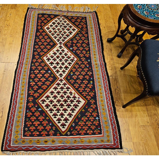 Vintage Persian Senneh Kilim, Flat-Woven Wool Rug, Paisley Pattern, Ivory & Black, 3x6 For Sale - Image 15 of 15