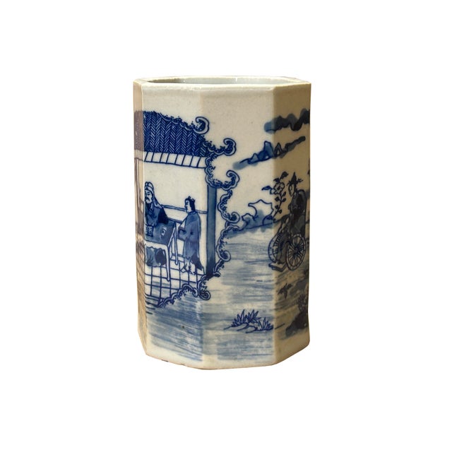 Blue 4" Small Octagonal Blue White Scenery Graphic Porcelain Art Vase For Sale - Image 8 of 16