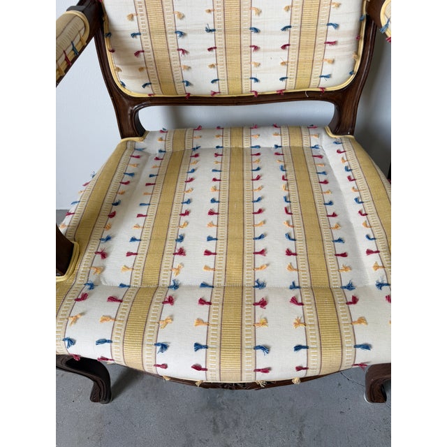 Vintage Louis XV Style French Provincial Walnut Upholstered Armchairs - A Pair For Sale - Image 14 of 17