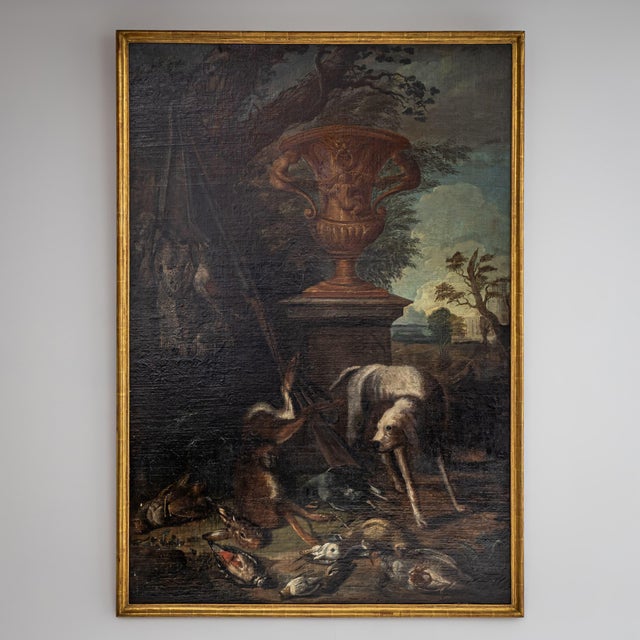 Baroque Baroque Artist, Hunting Still Life with Dog, 18th Century, Large Oil on Canvas, Framed For Sale - Image 3 of 14
