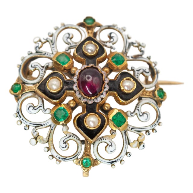 Mid 19th Century Antique French 18k Yellow Gold Emerald Pearl Enamel Pin Brooch For Sale