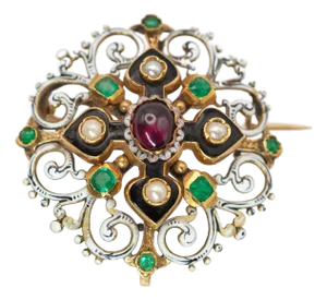 Mid 19th Century Antique French 18k Yellow Gold Emerald Pearl Enamel Pin Brooch
