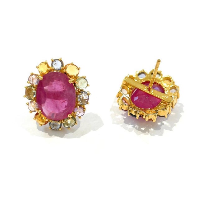 Bochic "Orient" Pastel Sapphires & Red Rubies Earrings Set In 18K Gold & Silver Red Oval Shape Rubies - 17 Carats Pinkish...