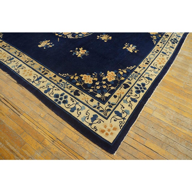 1920s Classic Floral Medallion Navy Blue Background Antique Chinese Peking Rug For Sale - Image 4 of 10