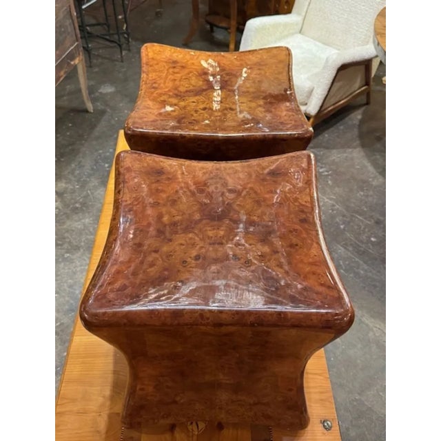 Modern Pair of Burl Walnut Wood Stools For Sale - Image 3 of 6