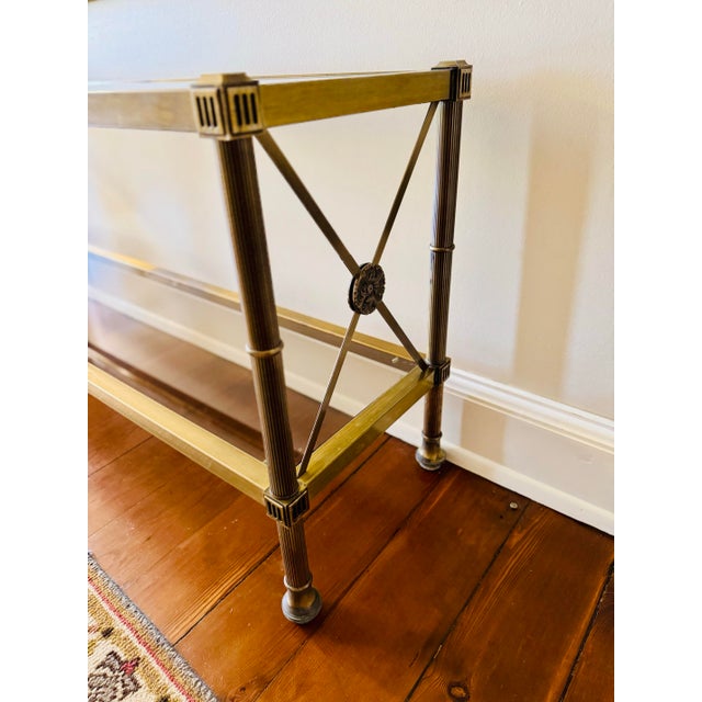 Mid-Century Modern Vintage Neo-Classical Aged Brass Two Tier Console Table For Sale - Image 3 of 12