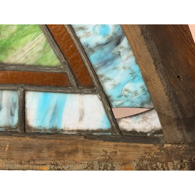 Sky Blue Antique Art Nouveau Arched Leaded Stained Glass Architectural Window, Circa 1890–1925 For Sale - Image 8 of 12