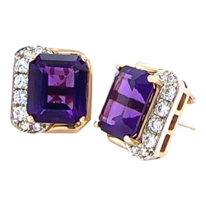 14ct Yellow and White Gold Amethyst and Diamond Earrings, A Pair