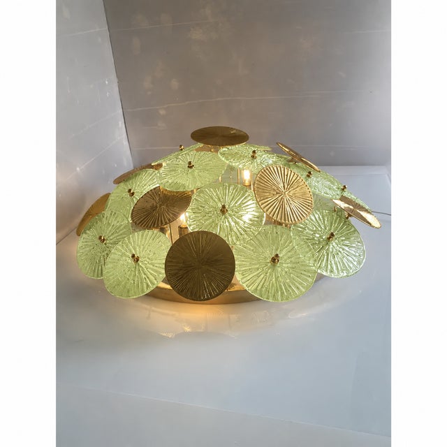 Mid-century modern green whater-lily Sputnik flush mount. Transparent and green sanded Wather-lily, elements of Murano...