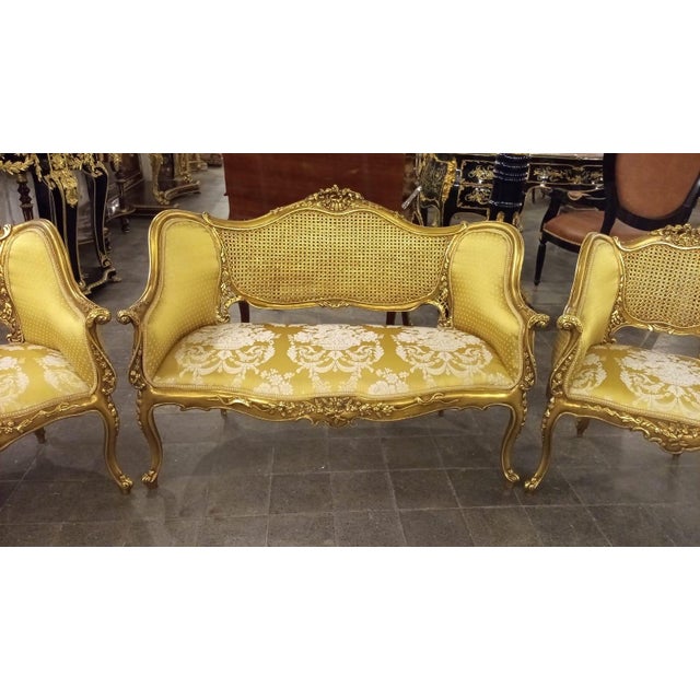 French Vintage Gilt Caned Settee & Pair of Armchairs For Sale - Image 3 of 10