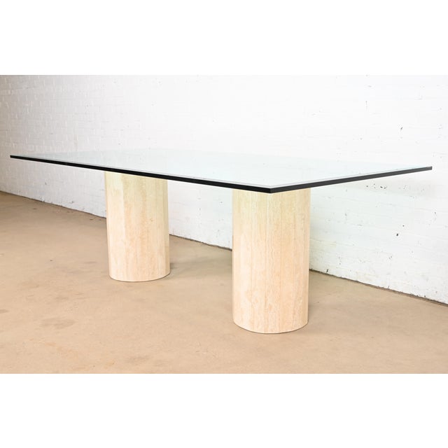 Matteo Grassi Matteo Grassi Modern Italian Travertine Double Pedestal Glass Top Dining Table, Circa 1970s For Sale - Image 4 of 8