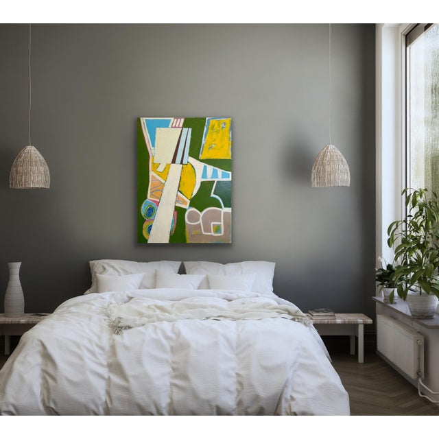 This original 36x48 inch acrylic painting on stretched canvas features a bold, geometric abstract composition with rich...