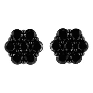 .925 Sterling Silver 2.0 Cttw Prong Set Round-Cut Treated Black Diamond Floral Cluster Stud Earrings, A Pair For Sale