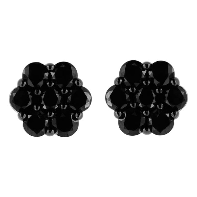 .925 Sterling Silver 2.0 Cttw Prong Set Round-Cut Treated Black Diamond Floral Cluster Stud Earrings, A Pair For Sale