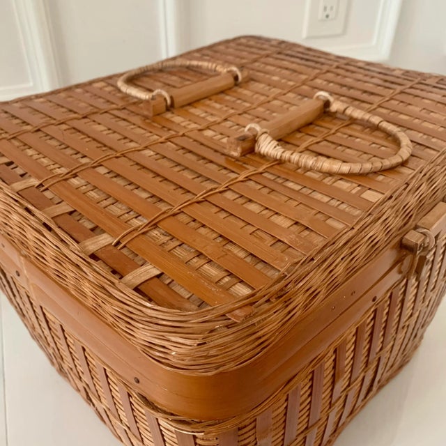 Vintage Asian Large Wicker Picnic Lidded Basket With Handles For Sale - Image 10 of 13