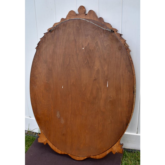 Satinwood Oval Wall Mirror Carved French Flower Basket Crest Decorative Frame For Sale - Image 9 of 15