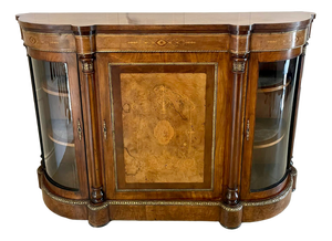 Antique Victorian Burr Walnut Inlaid Credenza, 1860s