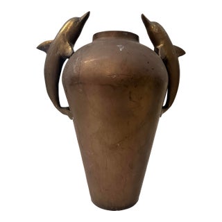 Vintage Brass Vessel With Dolphin Handles For Sale