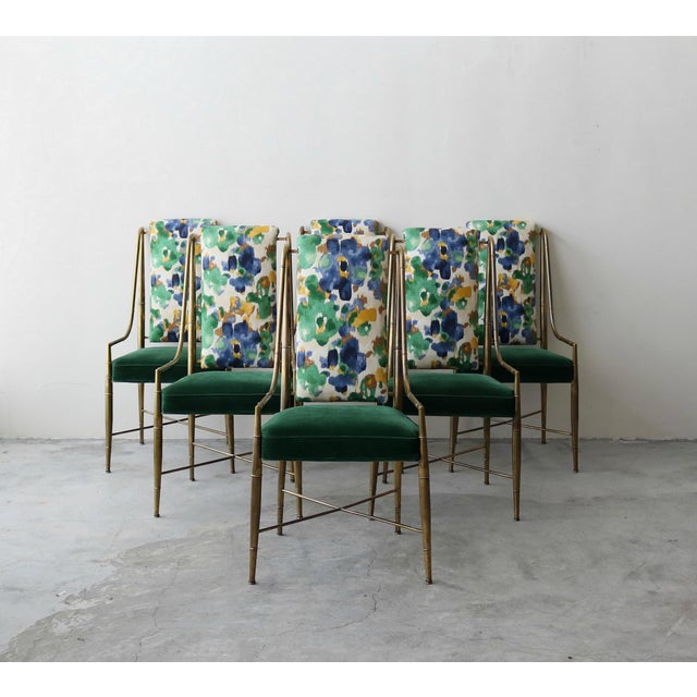 Blue Set of 6 Solid Brass Faux Bamboo "Imperial" Dining Chairs by Mastercraft For Sale - Image 8 of 8