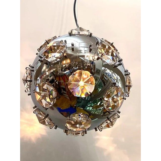 Chrome Italian 1970s Chrome Globe & Crystal Pendant Light Manner of Oscar Torlasco For Sale - Image 8 of 9