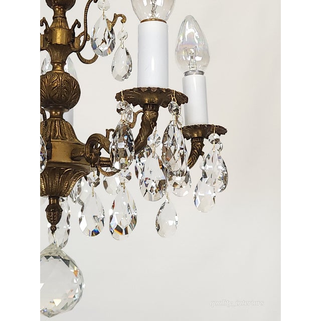 Antique 5 Arm 5 Light Dark Patina Ornate Brass Cut Lead Glass Crystal Chandelier For Sale - Image 9 of 12