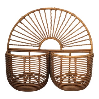 Vintage Boho Rattan Double Wall Planter For Sale