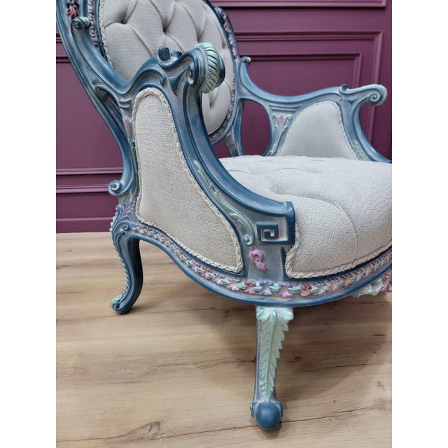 1970s French Provincial Living Room Set | Hand Carved Baroque Sofa & Armchairs | Blue and Rose Gold Ornate Tufted 4-Piece Set For Sale - Image 12 of 18