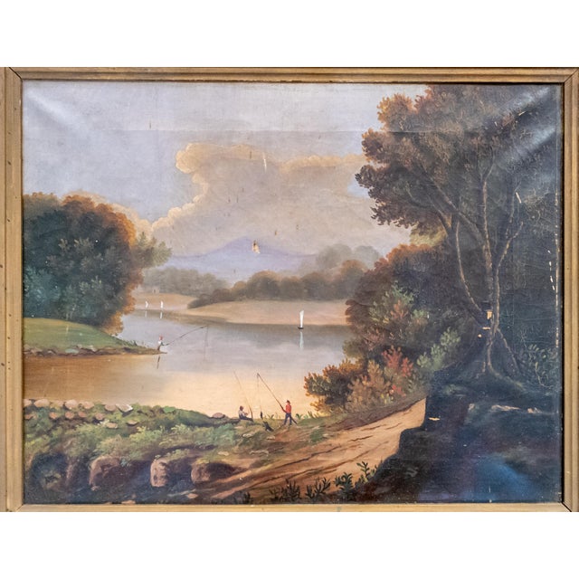We are selling this charming American school folky landscape painting. This painting features two fishermen in the...