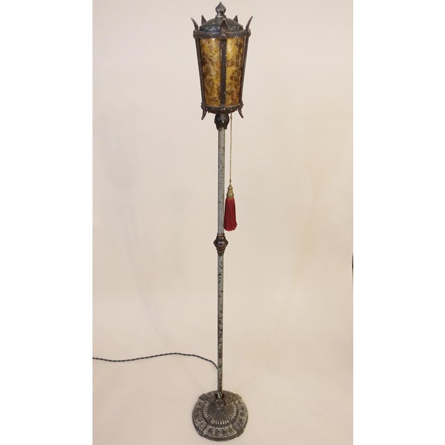Oscar Bach 1916 Attributed to Oscar Bach Arts Crafts Cast Iron Mica Lantern Torchiere Floor Lamp For Sale - Image 4 of 12