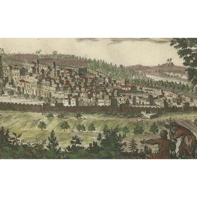 This 1720 bird's-eye view of Jerusalem offers an intricate portrayal of the city during the early 18th century. Titled...
